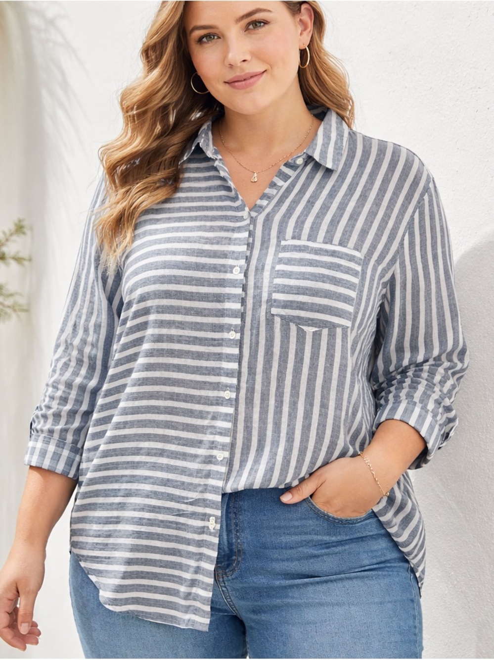 J.Jill Women's Stripes‎  100% Linen Essential Button Down Top Blouse Shirt XL